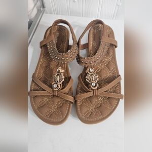 Women's Brown Embellished T-Strap Sandals